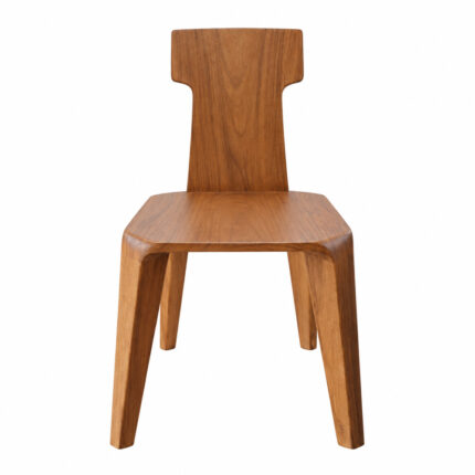 Front three-quarter view of solid Suar wood dining chair showing natural grain and T-shaped backrest