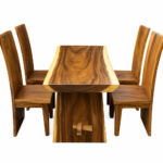 Solid Suar Wood Dining Table with Four Matching Block-Style Dining Chairs Front View