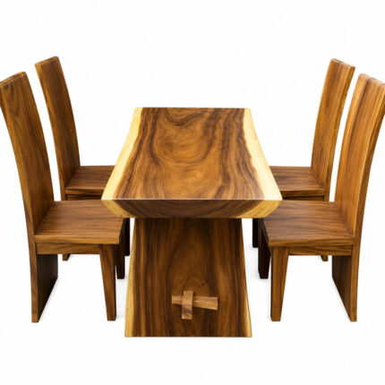 Solid Suar Wood Dining Table with Four Matching Block-Style Dining Chairs Front View