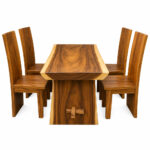 Solid Suar Wood Dining Set Showing Sculptural Table Base and Four Tall-Back Chairs