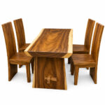 Solid Suar Wood Dining Set with Single-Slab Tabletop and Four Block-Style Chairs