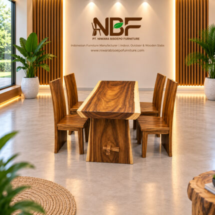 Solid Suar Wood Dining Set with Four Block-Style Chairs Displayed in NBF Furniture Studio