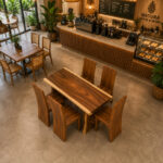 Top View of Solid Suar Wood Dining Table with Four Matching Wooden Chairs in a Restaurant