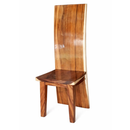 Front view of a solid Suar wood block dining chair with a tall backrest and solid wooden seat