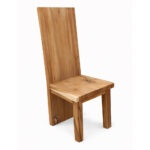 Full view of a solid Suar wood dining chair featuring a tall backrest and geometric wooden frame