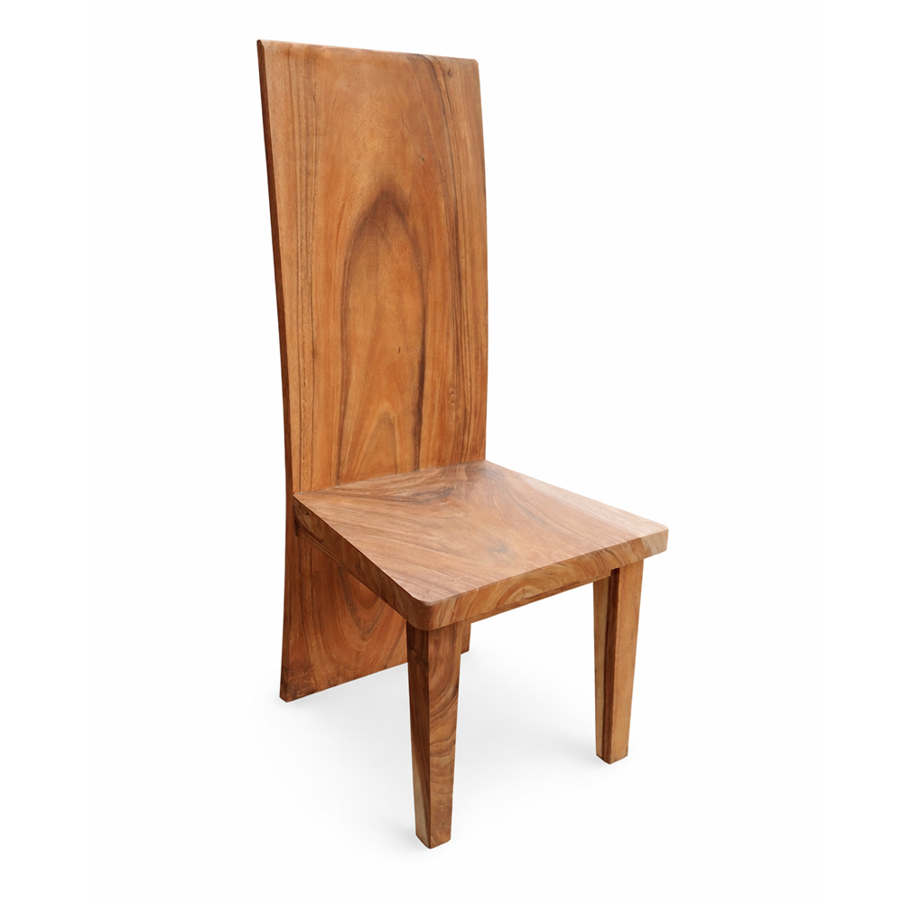Solid Suar Wood Block Dining Chair full view Solid Suar wood block dining chair with a high backrest and natural wood grain, three-quarter view