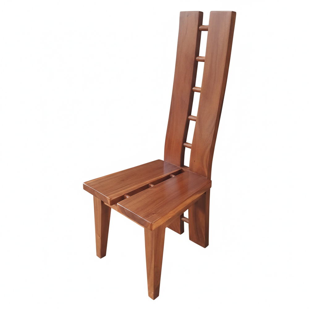 Solid Suar Wood Dining Chair H Design Side View Solid Suar wood H-design dining chair with tall wooden backrest, three-quarter view