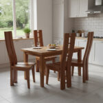 Solid Suar wood H-design dining chairs arranged around a wooden dining table in a bright dining room