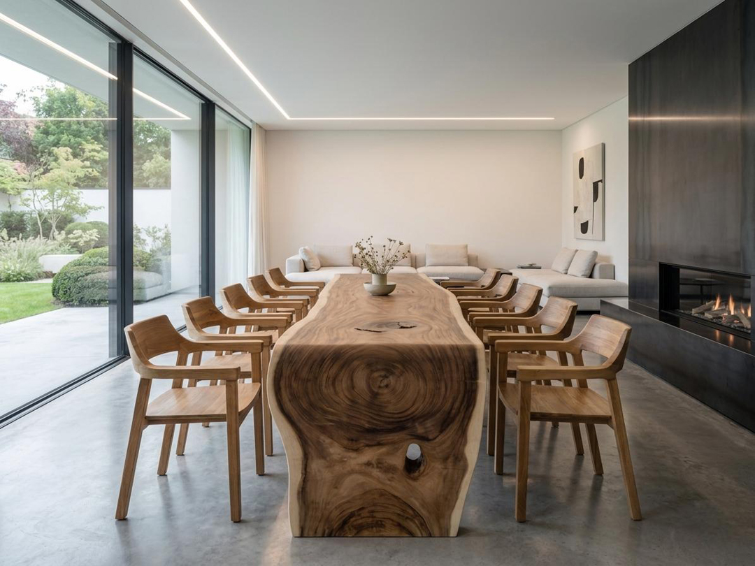 Solid Suar wood dining table with natural grain in a contemporary interior