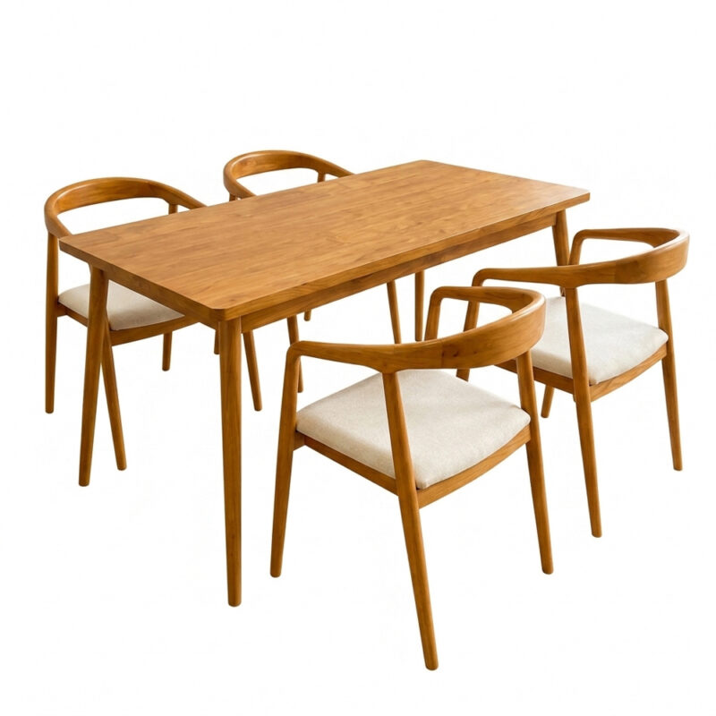 Solid Teak Dining Table with 4 Cushioned Selly Chairs on a white background