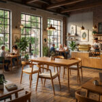 Solid teak dining table and four cushioned Selly chairs displayed in a spacious café setting