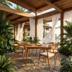 Teak dining table with four cushioned Selly chairs in a covered tropical dining area