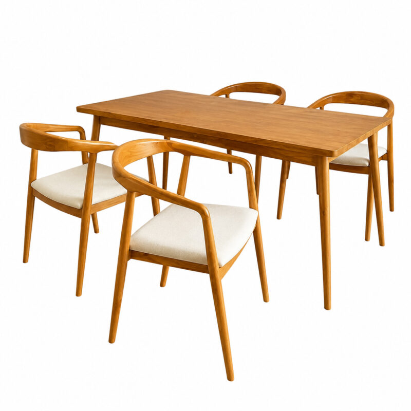Selly teak dining chair with curved wooden armrests and beige cushioned seat detail