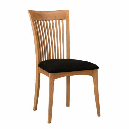 Solid teak wood dining chair with black foam cushion and vertical slatted backrest