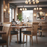 Solid teak dining chairs with black upholstered seats in a restaurant