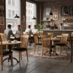 Teak wood dining chairs with black foam cushions in a modern cafe