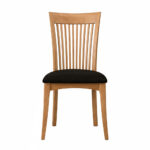 Front view of solid teak dining chair with vertical slat back and black cushion