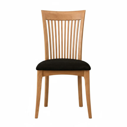 Front view of solid teak dining chair with vertical slat back and black cushion
