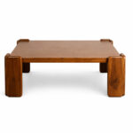 Modern square teak coffee table with wide rounded solid wood panel legs