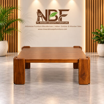 Solid teak square coffee table with distinctive wooden legs handcrafted in Jepara Indonesia