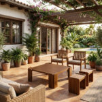 Solid teak square coffee table with rounded wooden legs in covered outdoor setting
