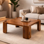 Solid teak square coffee table with rounded panel legs in modern living room