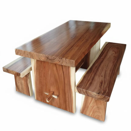 Rectangular Solid Suar Wood Dining Table with Two Matching Benches