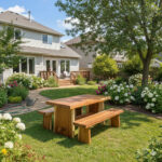 Solid Suar Wood Dining Table and Two Benches in a Garden Setting