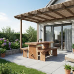 Solid Suar Wood Dining Table with Two Matching Benches on a Covered Patio
