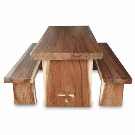 Side View of Solid Suar Wood Dining Table with Two Matching Wooden Benches