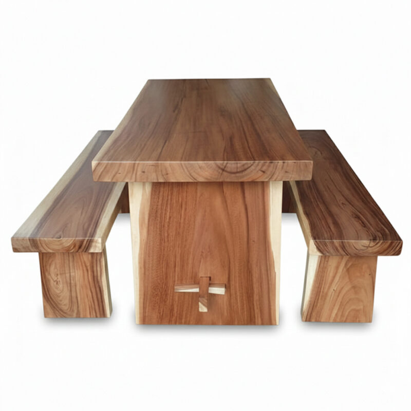 Side View of Solid Suar Wood Dining Table with Two Matching Wooden Benches