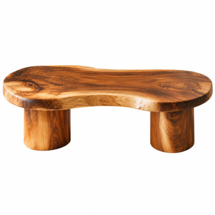 Front view of Suar Flow coffee table showing the curved tabletop and two solid wood cylindrical legs