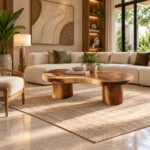 Suar Flow organic wood coffee table styled in a contemporary living room with a beige sectional sofa