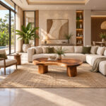 Full view of Suar Flow coffee table featuring an asymmetrical solid wood top and sculptural cylindrical base