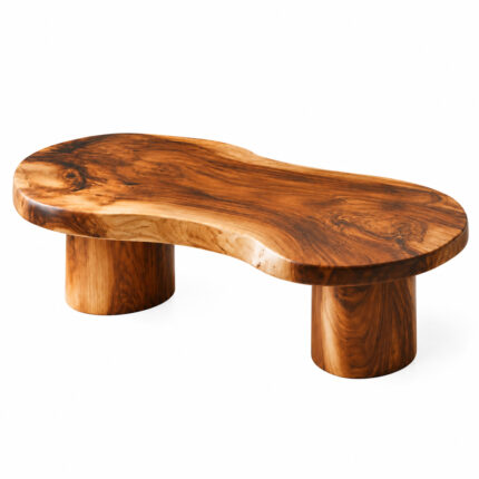 Suar Flow solid Suar wood coffee table with organic curved tabletop and cylindrical legs