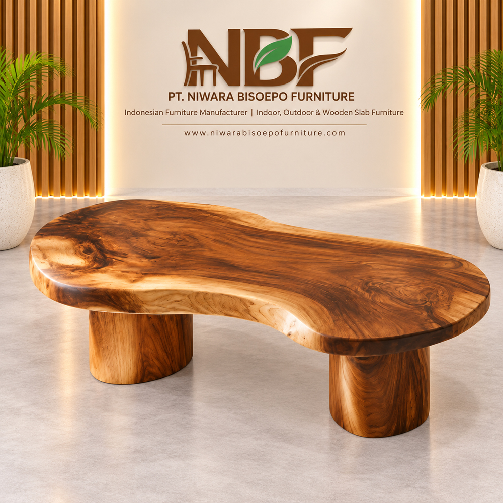 Suar Flow solid wood coffee table displayed in a premium Indonesian furniture studio