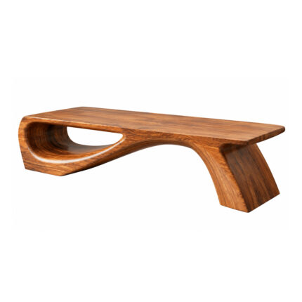 Suar Wood Continuum Bench 45 degree view showing sculptural curved design and natural wood grain