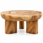 Suarora Triform Suar wood coffee table showing rounded top and three chunky sculptural legs