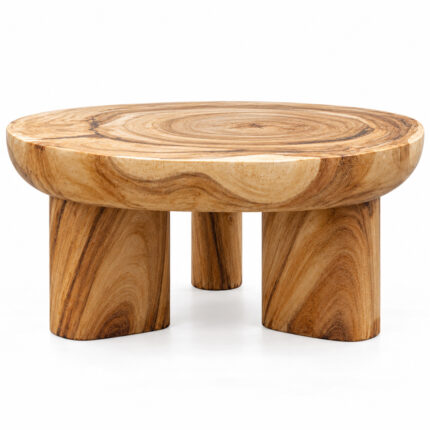 Suarora Triform Suar wood coffee table showing rounded top and three chunky sculptural legs