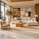 Suarora Triform round Suar wood coffee table with sculptural three-leg base in a modern living room