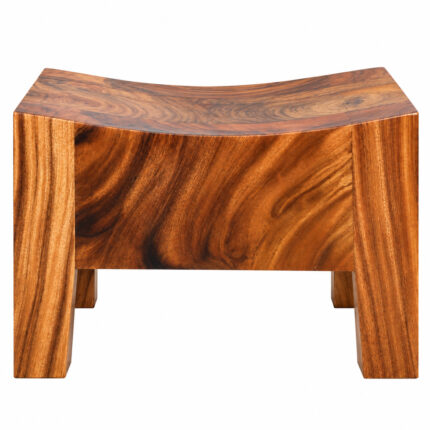 Front view of Suarvo Suar wood stool highlighting its curved seat and sturdy geometric profile