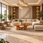Sylvara organic Suar wood coffee table styled in a luxury modern living room with a beige sofa
