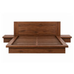 Taverno solid teak wood platform bed with rectangular headboard and integrated bedside tables