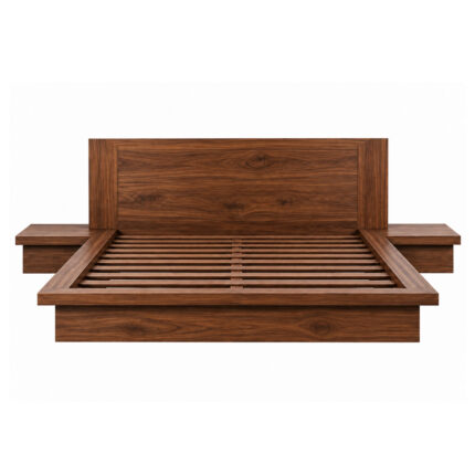 Taverno solid teak wood platform bed with rectangular headboard and integrated bedside tables