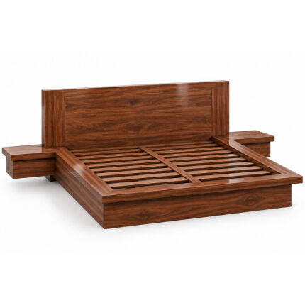 Overhead view of the Taverno teak platform bed with integrated bedside tables in a contemporary bedroom