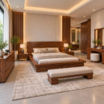 Taverno teak wood platform bed styled in a luxury modern bedroom with coordinated wooden furniture