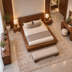 Front view of the Taverno teak wood platform bed with wide headboard and integrated side tables