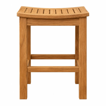 Solid teak outdoor bar chair with curved slatted seat and footrest front view
