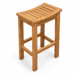 Solid teak curved seat bar chair with integrated footrest three quarter view