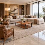 Solid teak industrial coffee table with metal frame in modern living room